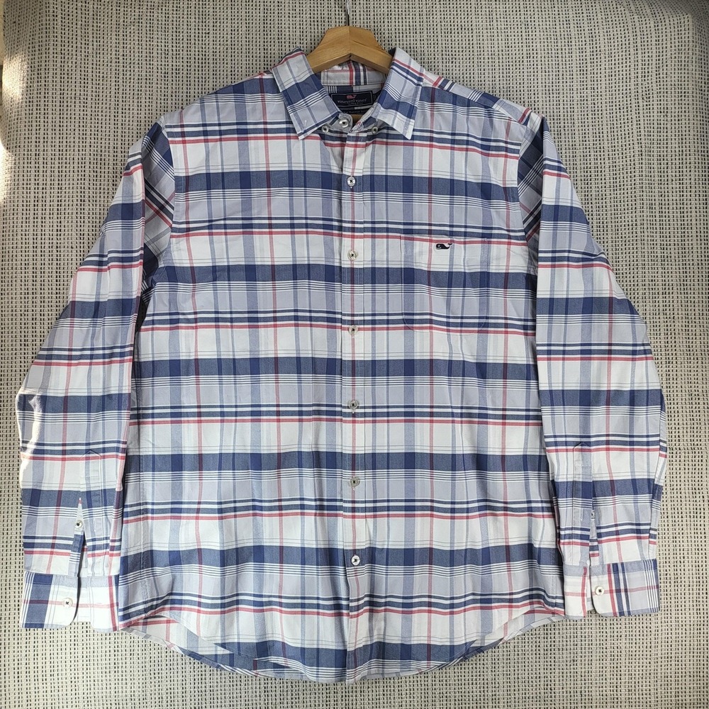 Vineyard Vines Shirt Mens Large Blue Red White Plaid Slim Fit Tucker Button Down